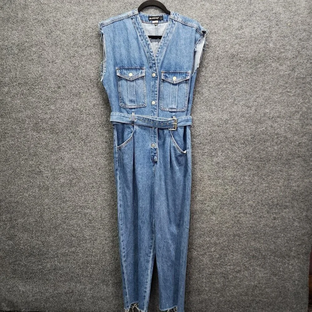 Blank NYC Denim Jumpsuit SMALL Relaxed Fit Belted Cropped Raw Straight Leg‎